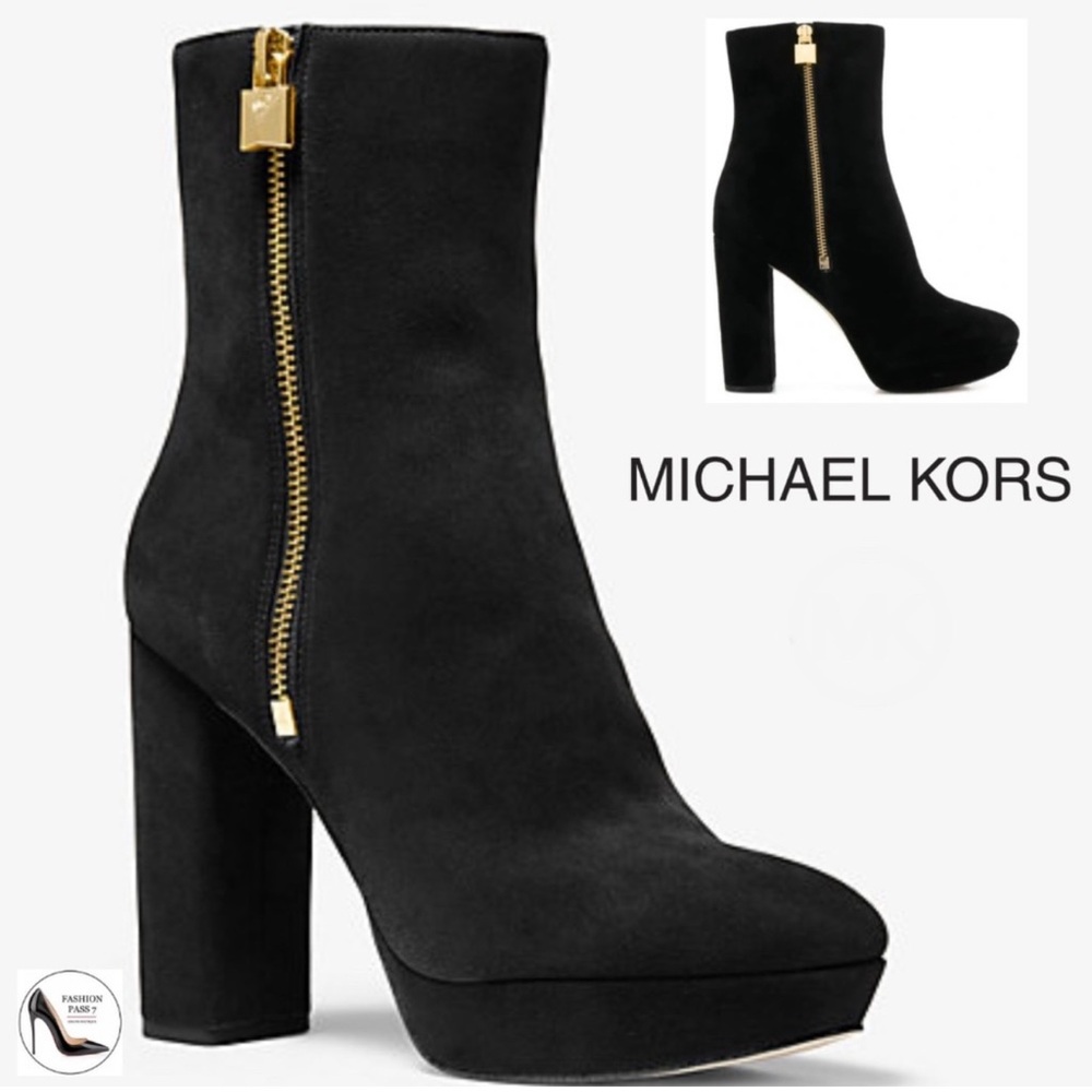 MICHAEL Michael Kors Black Heeled Boots with Gold Zipper